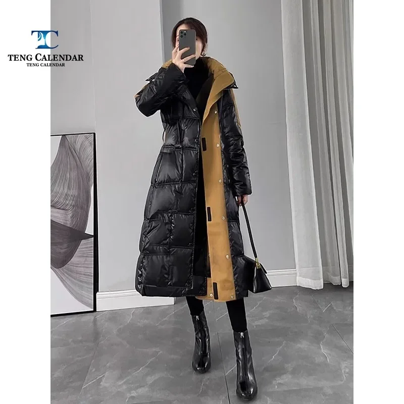 Black Down Jacket, Glossy Long and Knee Contrasting Patchwork, Thick Jacket, High-end Wash Free, New Winter Edition, 2022 Editio