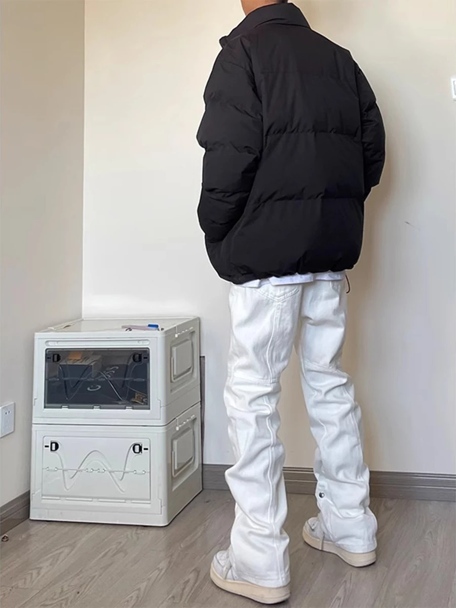 

Белые мужские джинсы в американском стиле, ретро, с пуговицами, прямого кроя, облегающие, длинные брюки, модные повседневные, из хлопкового денима