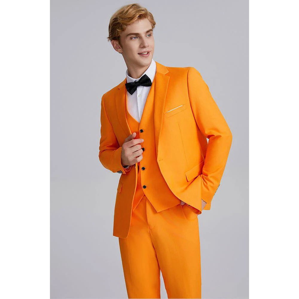 

Bright Orange Slim Men's Suit 3 Pieces Single Breasted Peak Lapel Set Daily Fashion Male（Blazer+Pants+Vest）