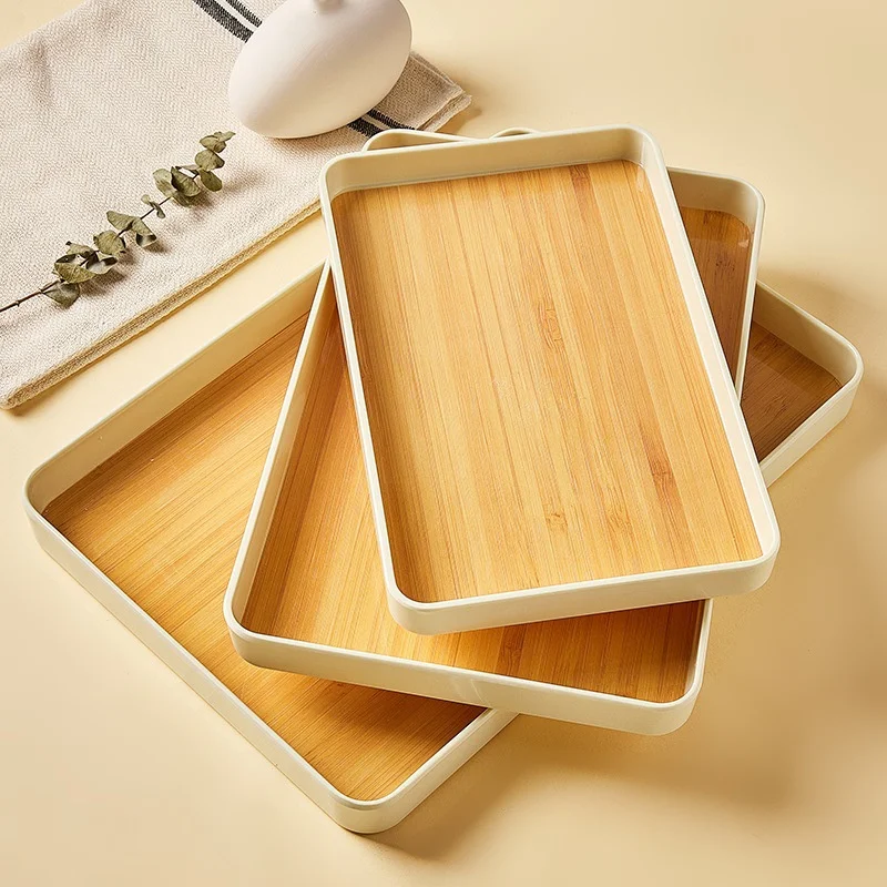 Japanese Style PP Imitation Bamboo Pattern Storage Tray Rectangular Thickened Teapot Plate Multifunctional Kitchen Storage Tools