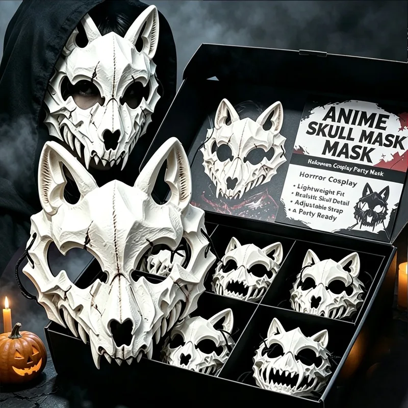 Halloween Skull Half Face Mask Halloween Long Teeth Demon Skeleton Unisex Wolf Dragon Tiger Cosplay Costume Prop Party Women Men