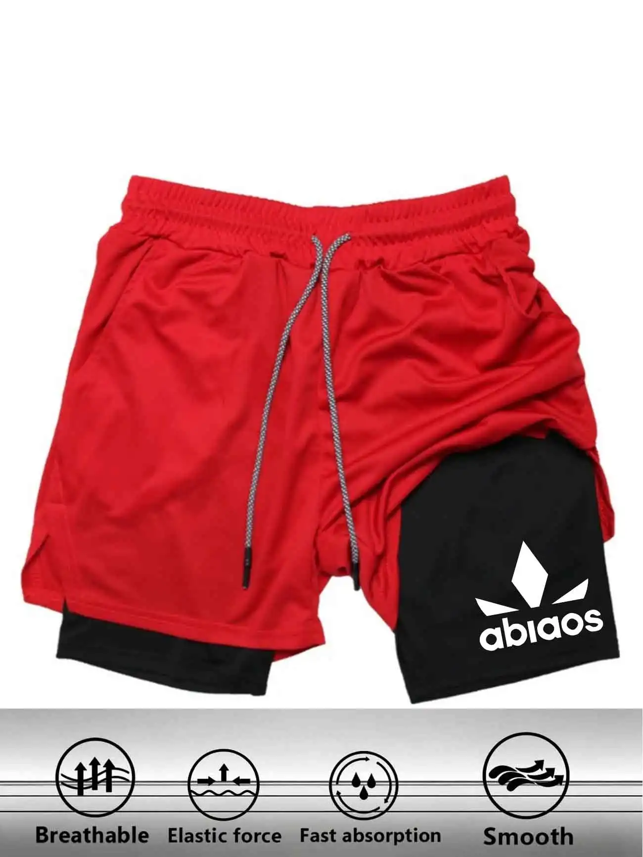Summer Men Double Deck Running Shorts Geometric Logo Print Breathable Elastic Waist Gym Activewear Shorts