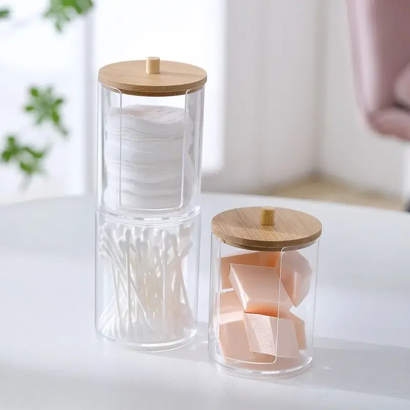 

Acrylic Storage Box Bathroom Jar Makeup Organizer Cotton Round Pad Holder Cotton Swab Box Qtip Holder Dispenser with Bamboo Lid