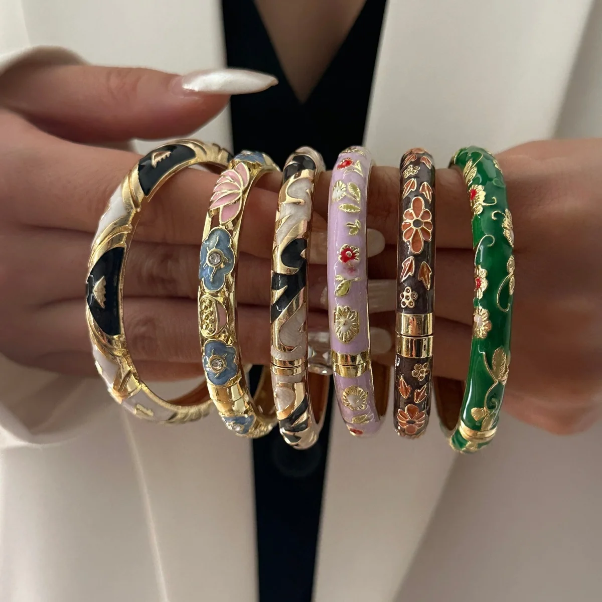 Vintage-Emaille-Armbänder mit Blumenmuster für Damen und Herren, Retro, bunt, kontrastierend, Gänseblümchen, elegant, modischer Schmuck – Detail 16