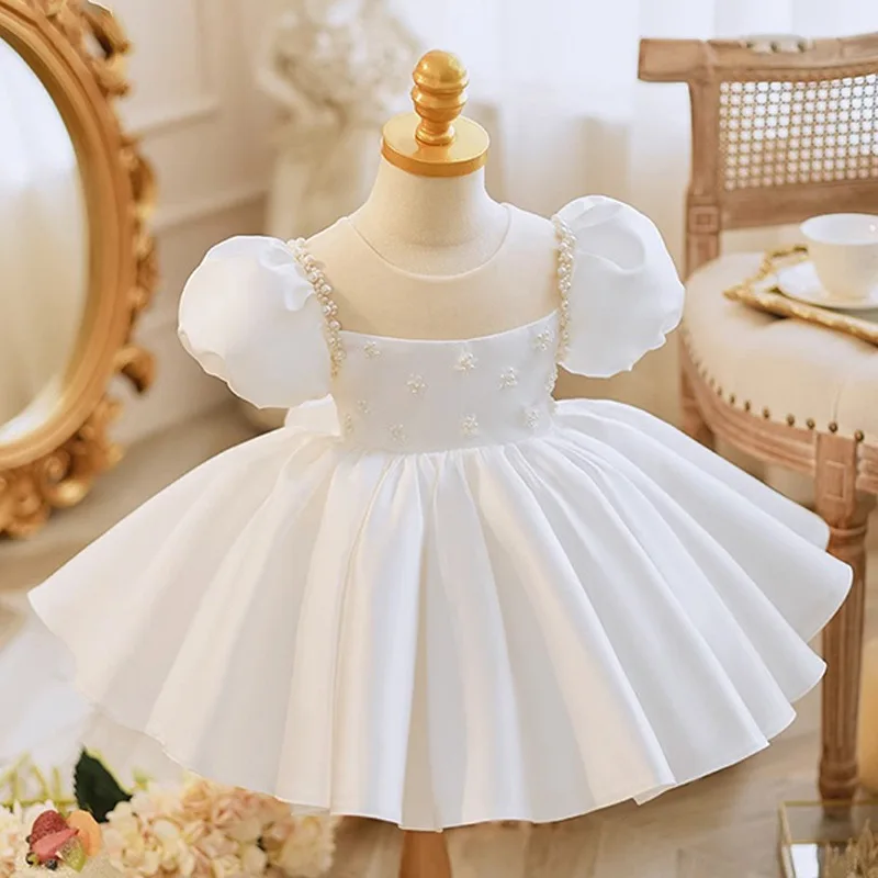 Girl's Birthday Banquet Princess Ball Gown Children's Cute Bow Beading Puff Sleeve Design Party Wedding Fluffy Dress g08