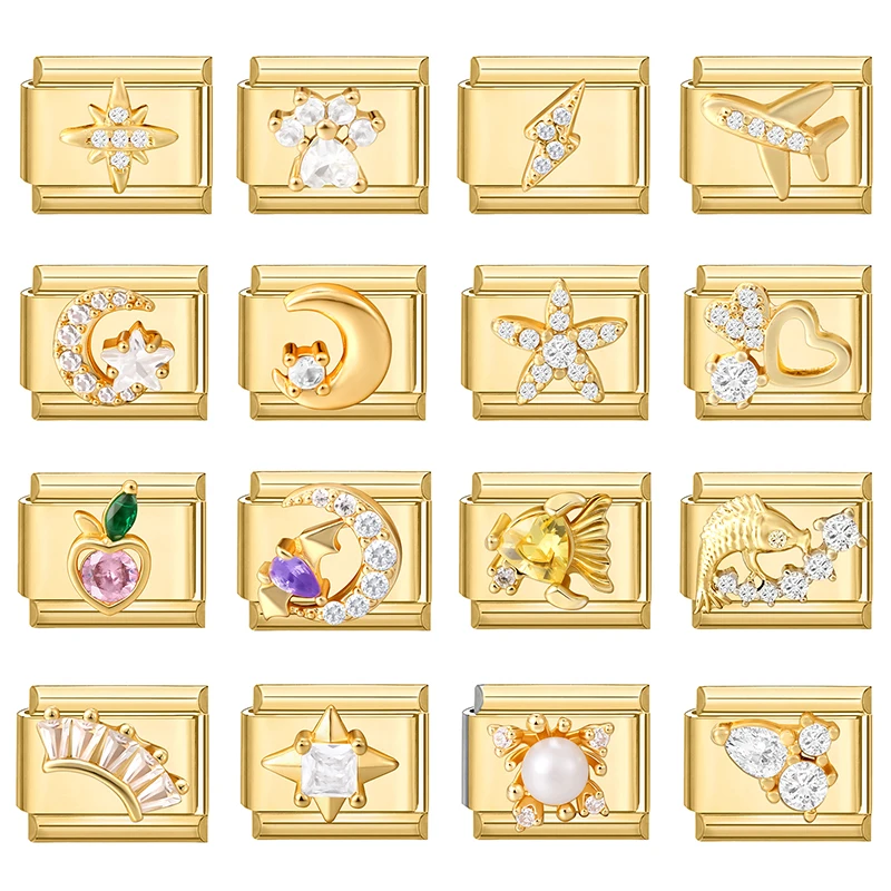 Vintage couleur or poisson coeur lune foudre italien charme liens ajustement 9MM Bracelet en acier inoxydable femmes hommes bijoux bricolage fabrication