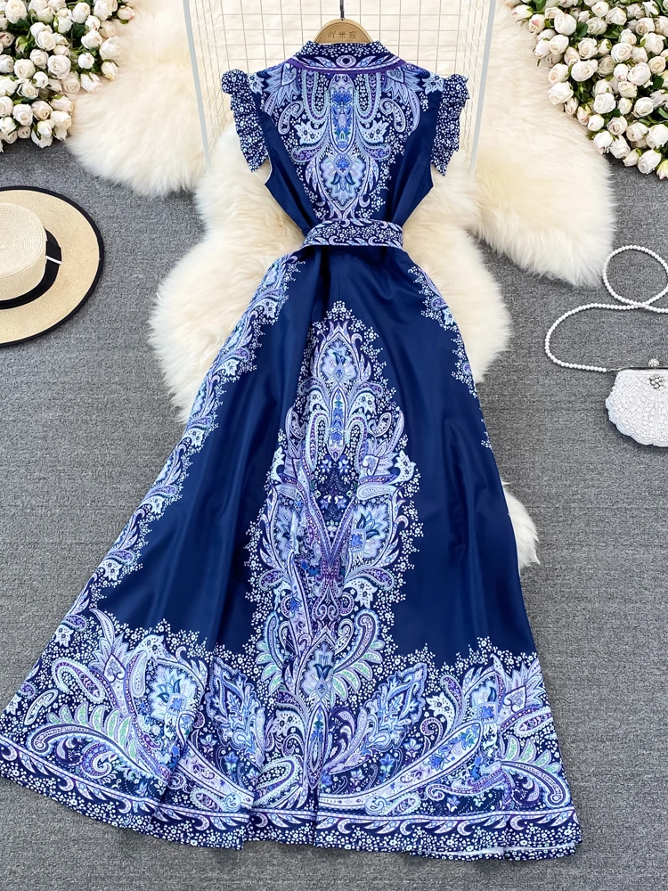 Women Fashion Elegant Vintage Print Vacation Dress Summer Fly High Waist Single Breasted Flip Collar A-line Robe Vestidos