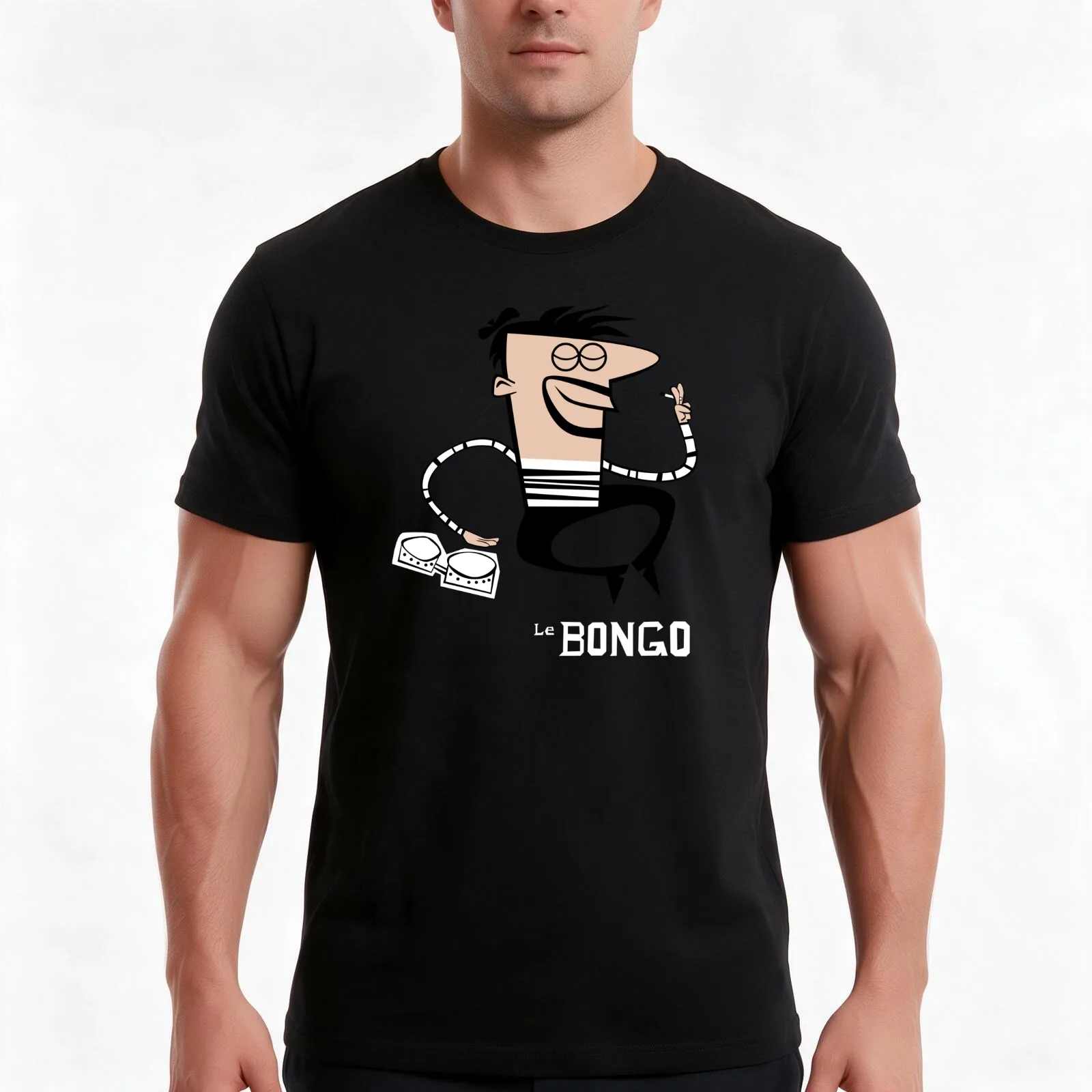 Le Bongo: Beatnik playing the bongos cartoon T-Shirt, Summer Casual Cotton Tee, Oversized Streetwear Tops, Vintage Graphic Print
