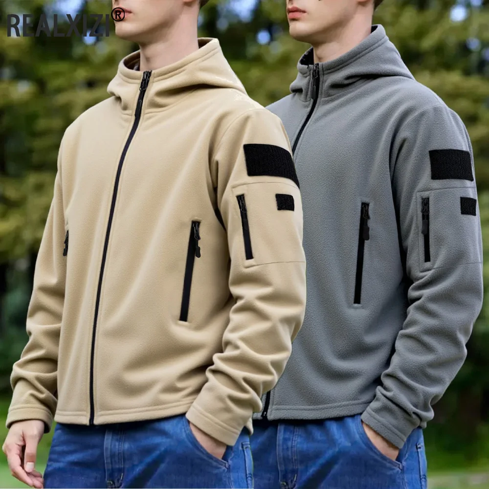 

Men's Full Zip Up Fleece Hooded Jacket Warm Work Coats Mens Zipper Pockets Jacket Outdoors Hiking Training Outwear Windbreaker