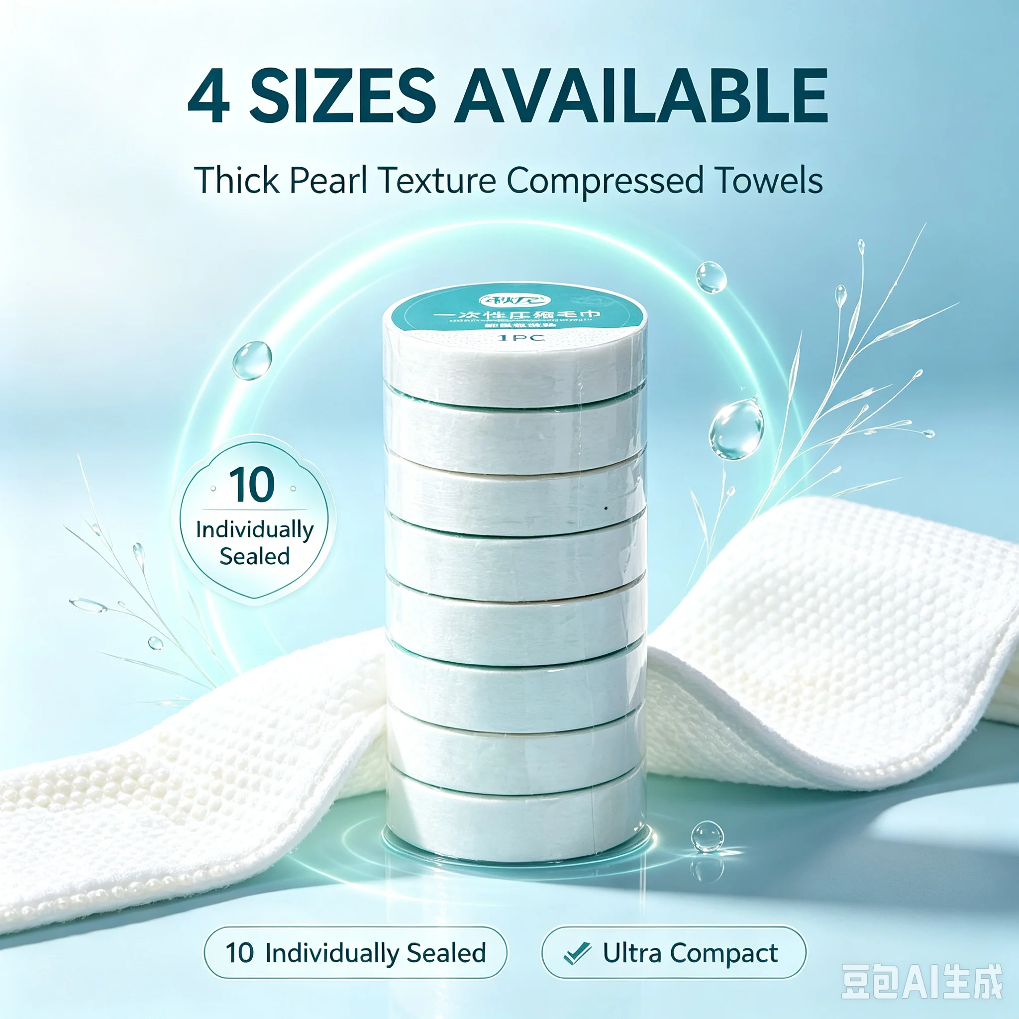 Qiulong Disposable Compressed Towels, 10 Pack Individually Wrapped Pearl Embossed Travel Towels, 4 Sizes Optional