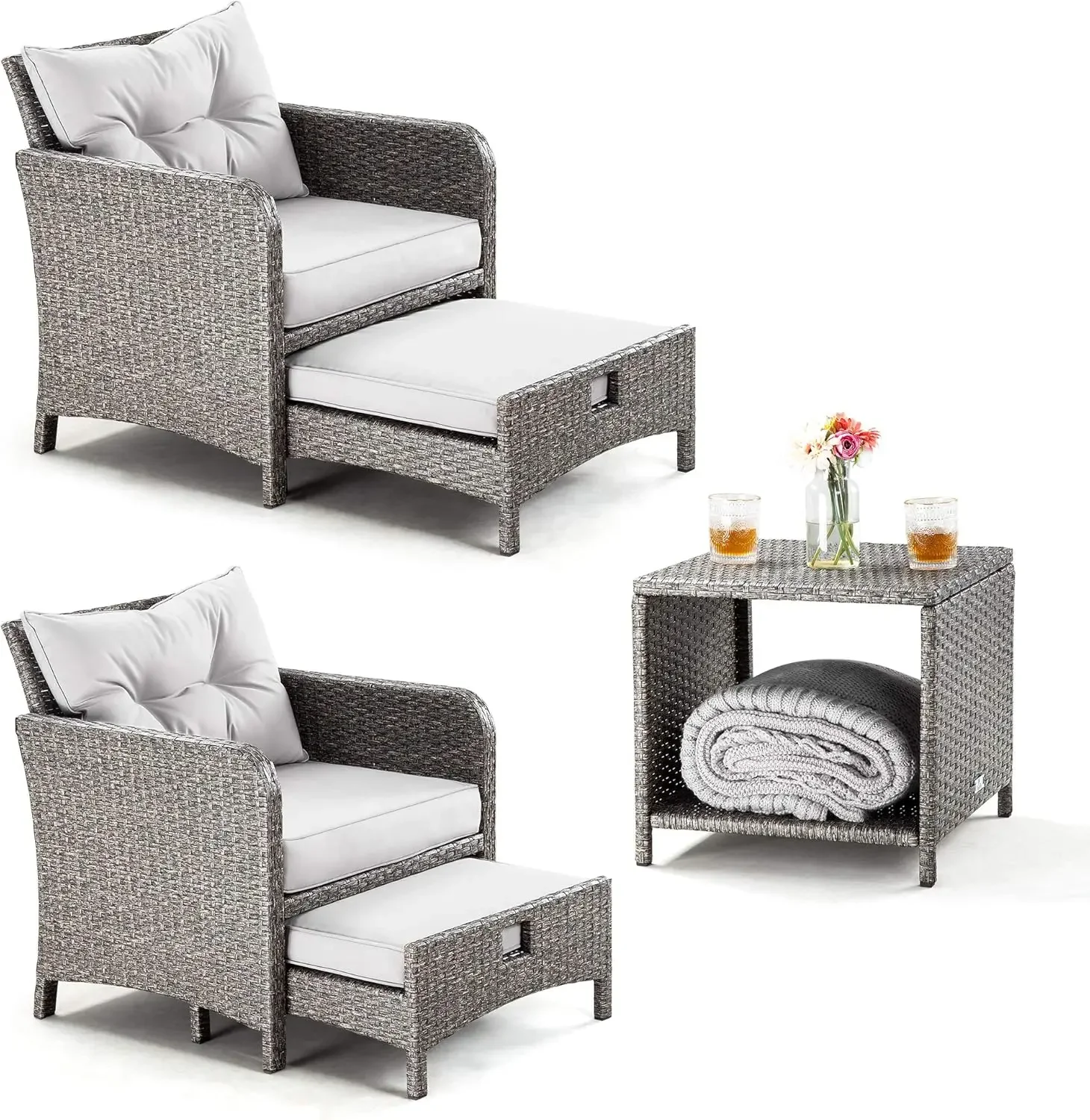 오스만이 포함된 야외 파티오 고리버들 의자 5개 세트. 쿠션과 커피가 포함된 외부 대화 가구 세트