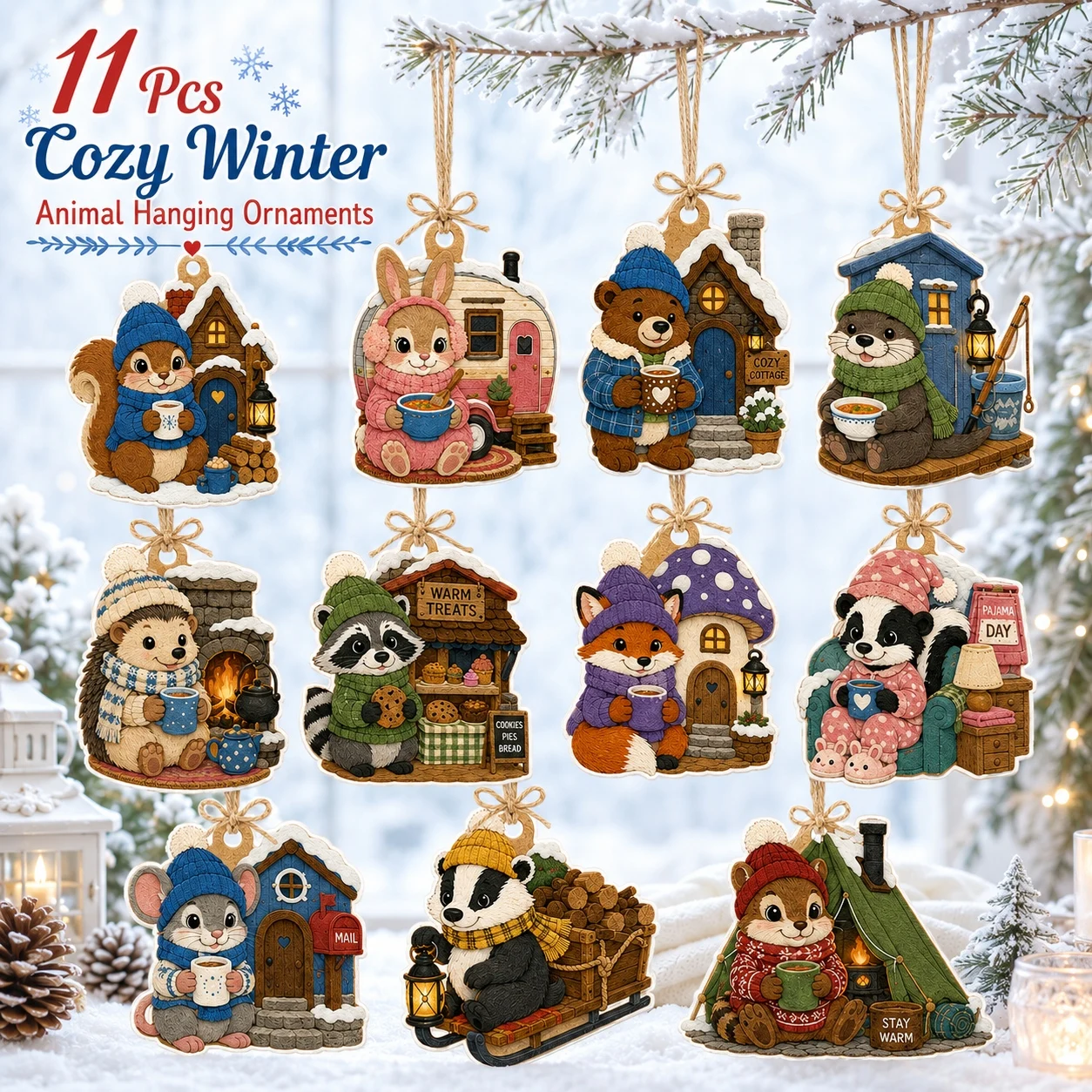 11 PCS Cozy Winter Hanging 2D Flat Felt Ornaments, DIY Felt Decorative Ornaments, Holiday Decor for  Halloween Party Accessories