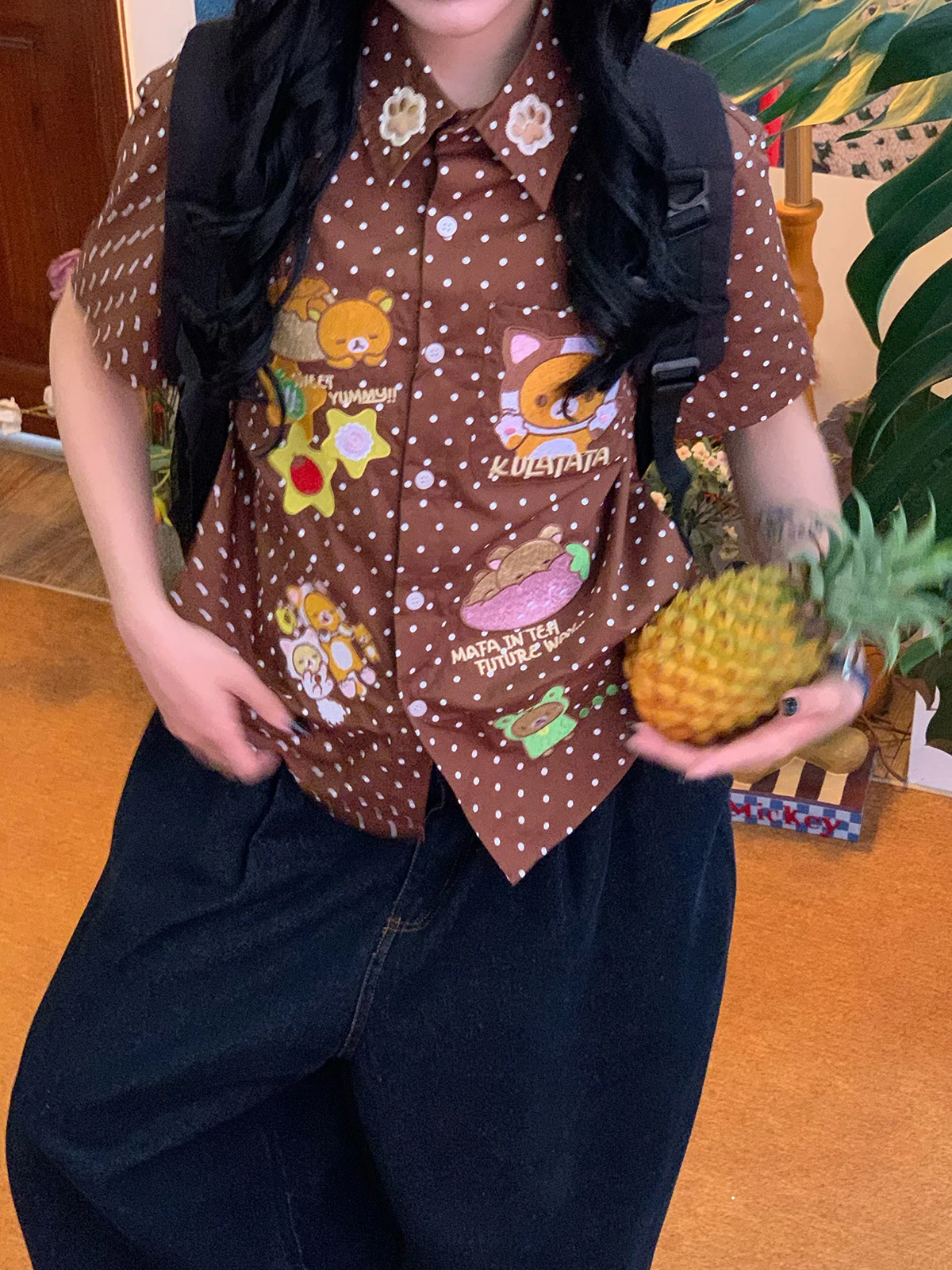 

Retro American Cartoon Bear Embroidered Polka Dot Short Sleeve Women's Shirt Versatile Summer Top Breathable Loose Fit