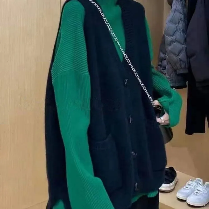 Outono e inverno novo colete de malha casual cardigan versão coreana da moda com fundo solto sem mangas colete