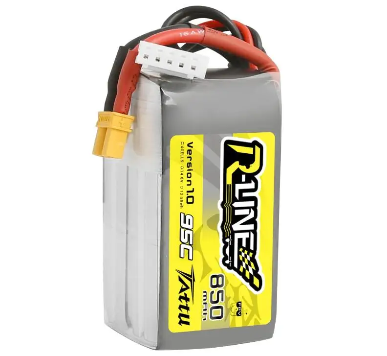 Tattu R-Line 850mAh 14.8V 95C 4S LiPo Battery Pack with XT30 Plug for Multirotor FPV Size 100-180 RC drone airplane helicopter