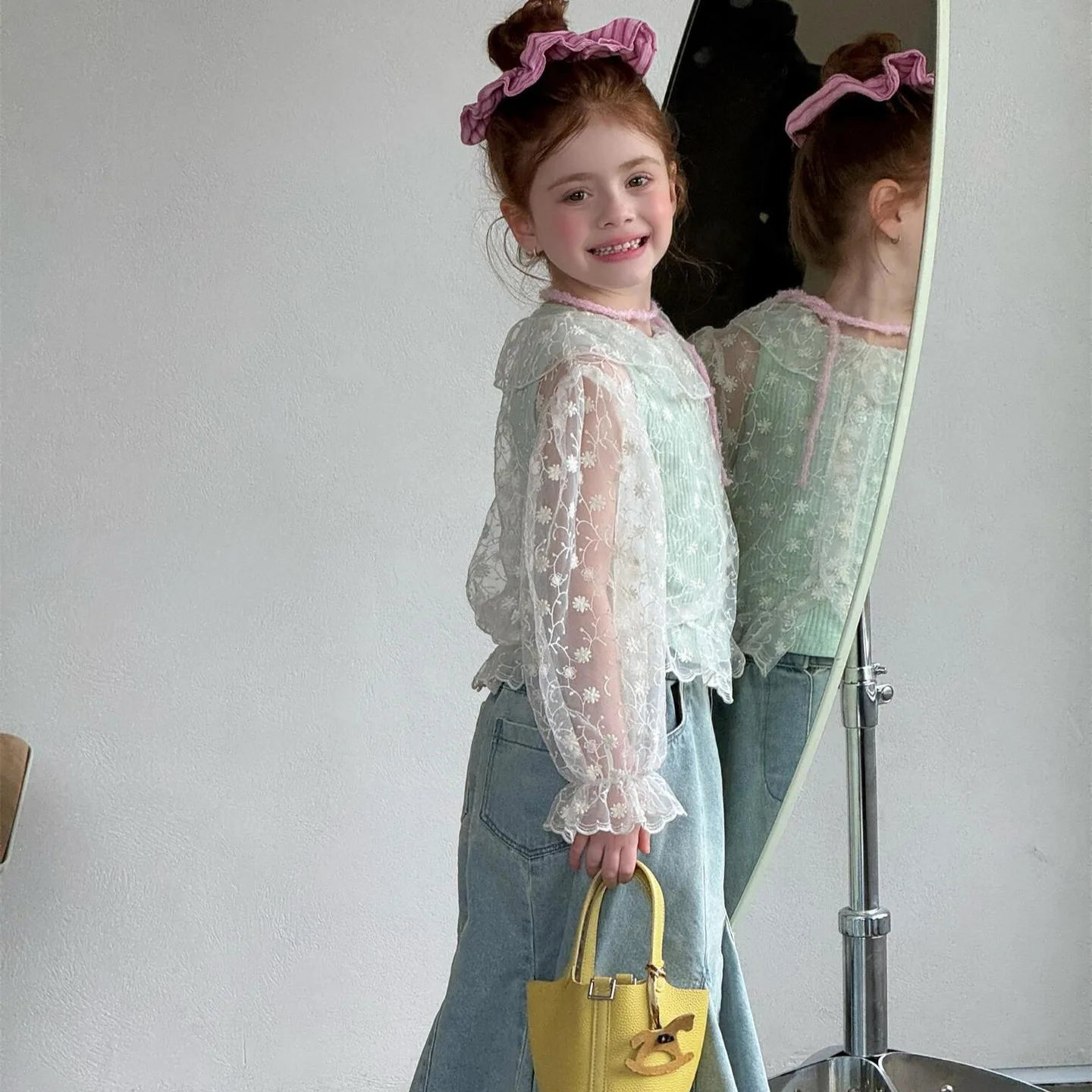 

Korean Children Clothing 2026 Summer New Girls Shirt Mesh Embroidery Hollow Out Shirt Doll Shirt Cover