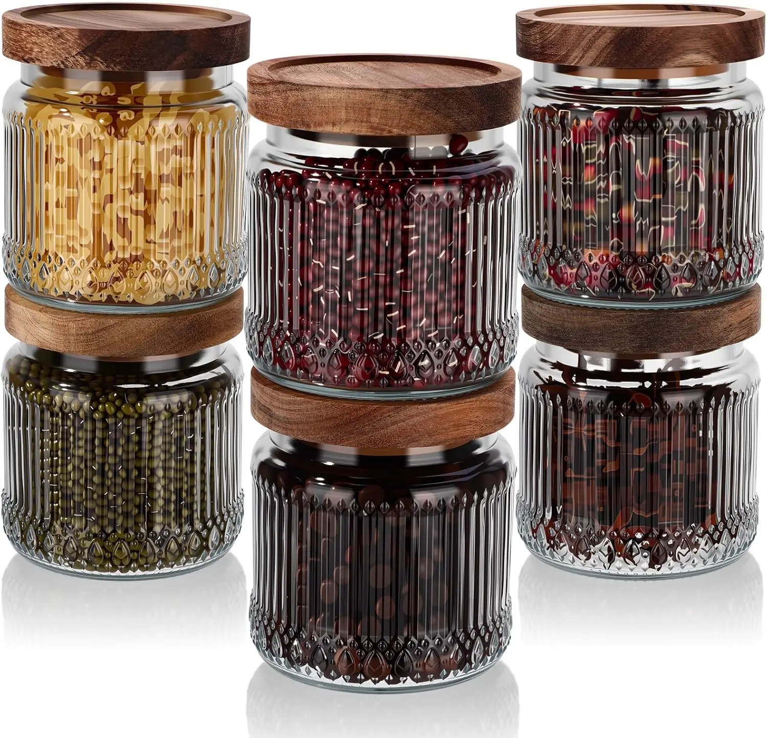 6 Pcs 500ml/17 oz Vintage Glass Storage Jar Glass Containers with Wood Lid Ribbed Pattern Airtight Kitchen Spice Containers f