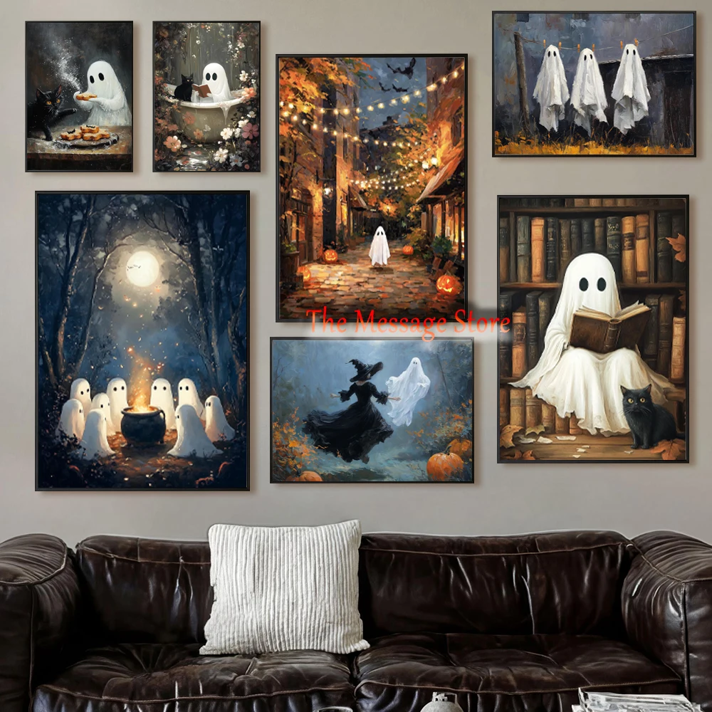 Cute White Ghost Autumn Halloween Art Ghosts in Haunted Forest Spooky Halloween Poster Canvas Painting Wall Pictures Home Decor