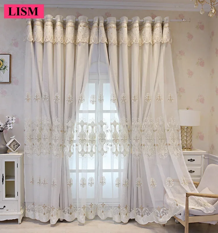 Double-layer Integrated Luxury Relief Embroidered Yarn Thickened Blackout Curtains for Bedroom Living Room Custom Lace Fabric