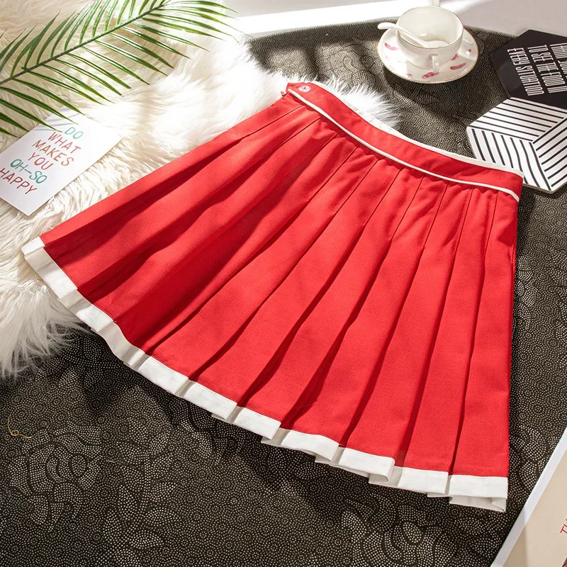 Women\'s Pleated Skirt Skater School Uniform Mini Skirts Hit Color High-waisted Red Short Sports Casual Korean Style Kawaii
