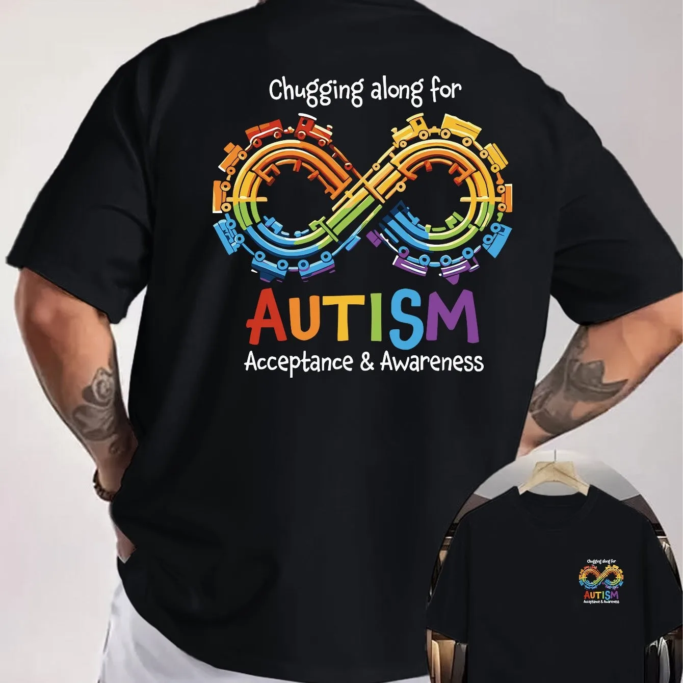 Autism Awareness Rainbow Train Graphic Men's Cotton T-Shirt Short Sleeve Crew Neck Tee