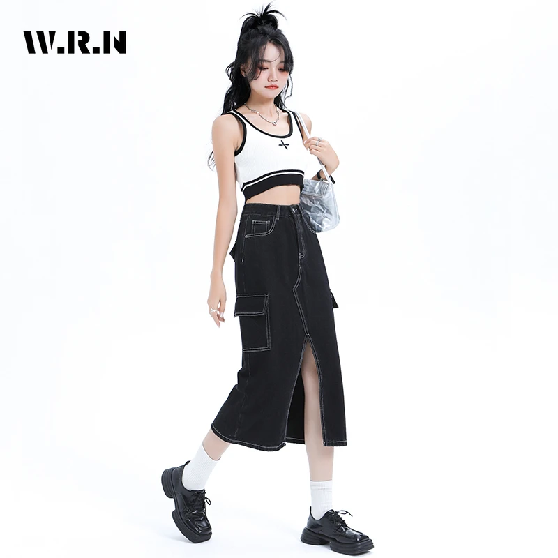 

2023 Summer Women's Vintage Baggy Solid Harajuku Denim Skirt High Waist Y2K Street Style Basic Casual A-line Sexy Slit Skirt