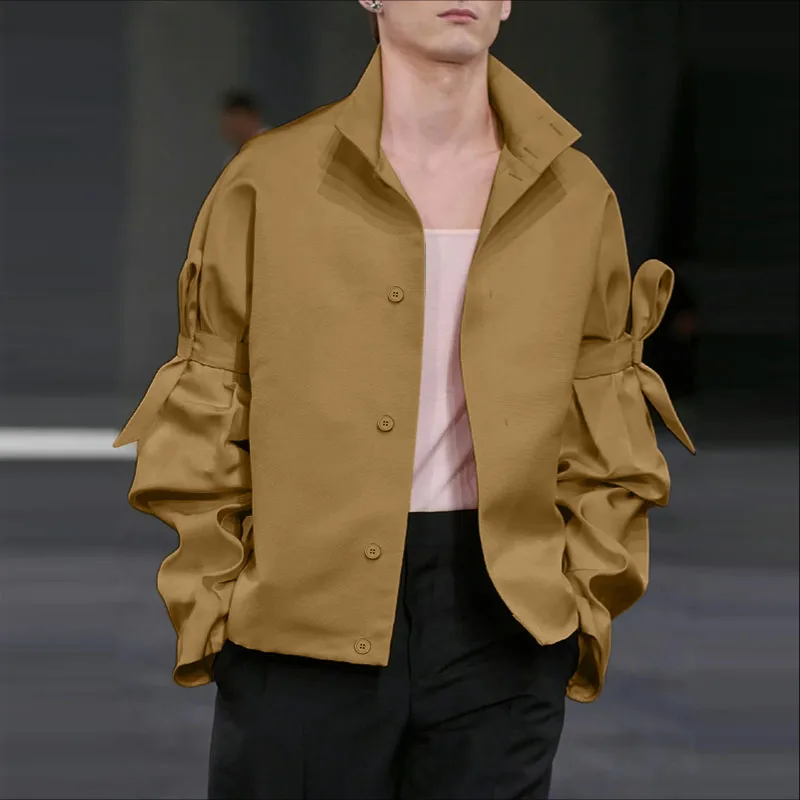 

INCERUN Мужская рубашка сплошной цвет воротник-стойка с длинным рукавом свободная мужская одежда с бантом уличная мода повседневные топы мужские рубашки