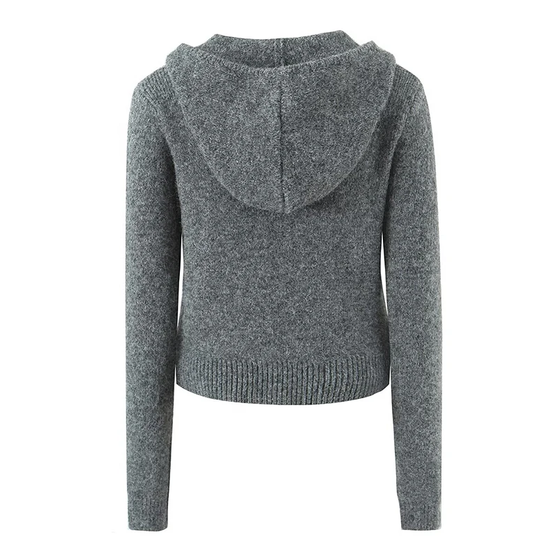 New Autumn Women Gray Hooded Knit Cardigan Long Sleeve Front Zipper Casual Outerwear