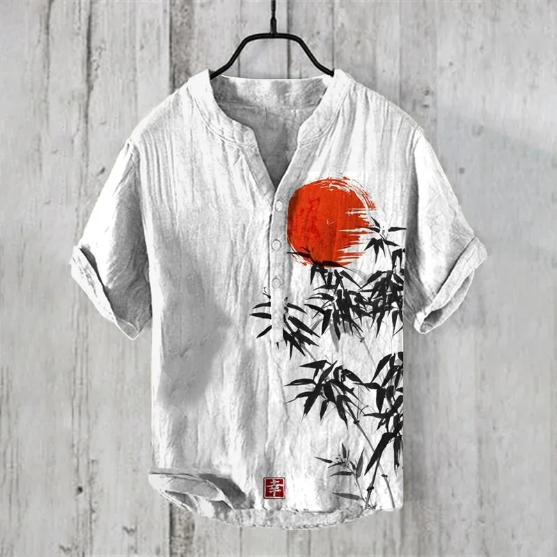 Japanese Bamboo Forest And Red Sun Art Linen Casual Shirt Men Clothings Fashion V-neck Short Sleeve Retro Tops Tunics Harajuku