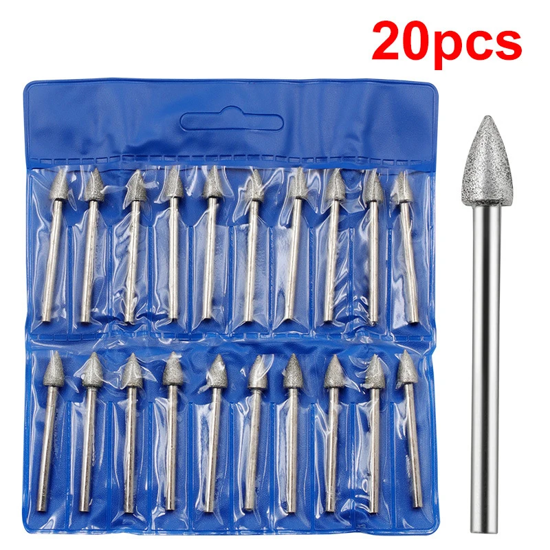 20pcs Dremel Accessories Diamond Grinding Heads Mini Drill Burrs Bits Set for Dremel Rotary Tool Grinding Accessories 3mm Shank