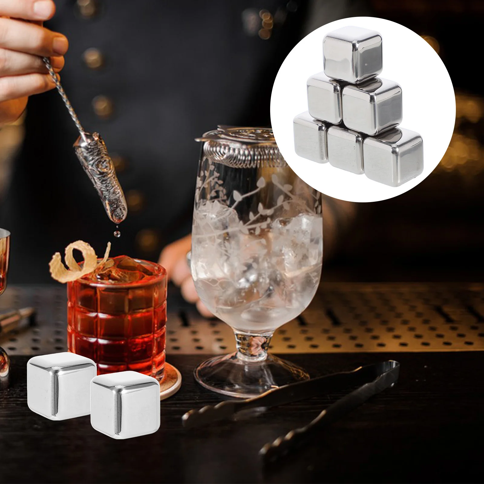 

6pcs Stainless Steel Ice Cubes Whiskey Stones Reusable Metal Beverage Chiller Rocks For Wine Drink Cooling Bar Tools Silver