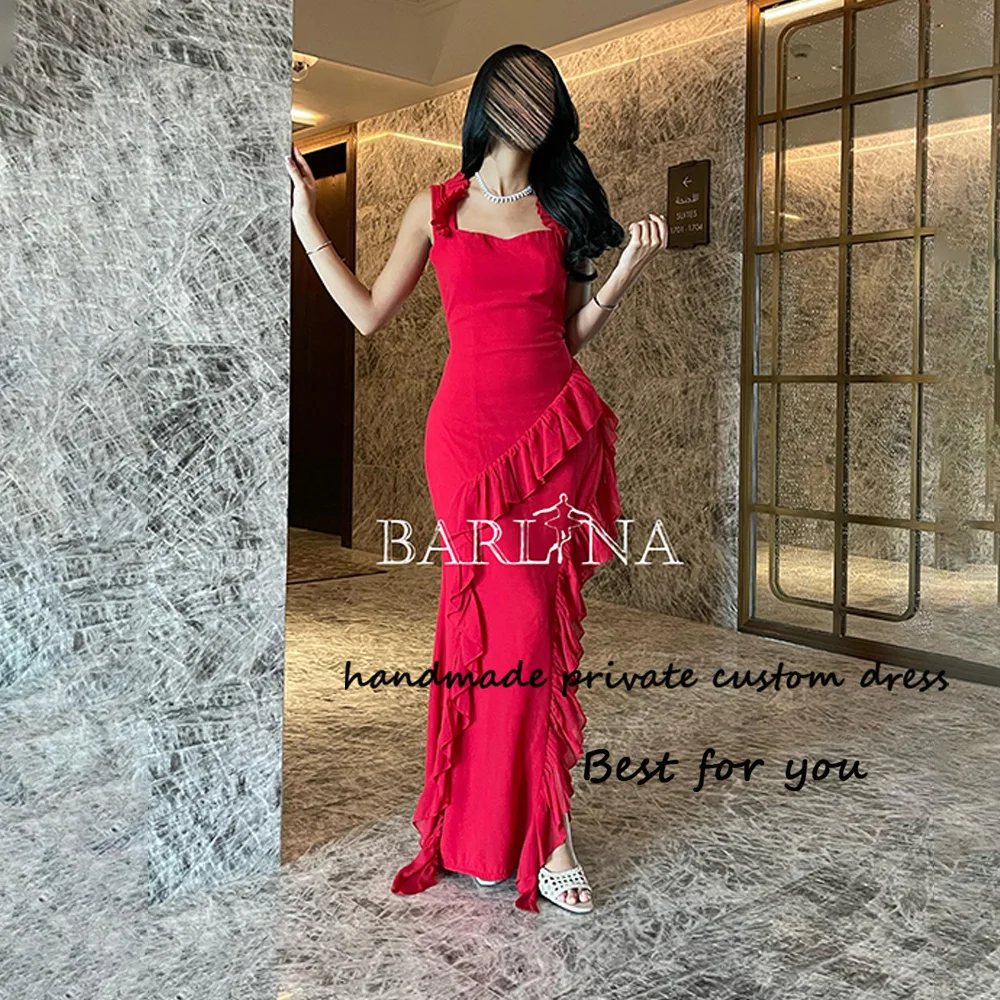 

Red Mermaid Evening Dresses with Slit Floor Length Arabic Dubai Prom Party Dress Zipper Back