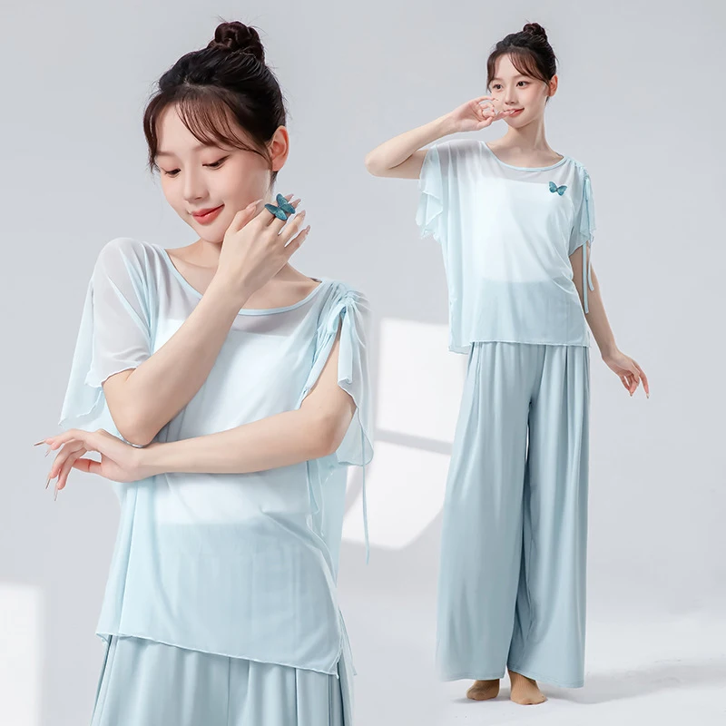 Classical Dance Top Women Gauze Mesh Shirt Drawstring Short Sleeve Removable Butterfly Decor See Through Saree Practice Clothes