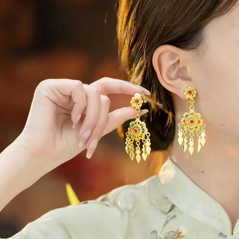Vintage Palace Colorful Rhinestone Ear Clips for Women Bohemian Tassel Ethnic Dangle Earrings Non Piercing Fashion Party Jewelry