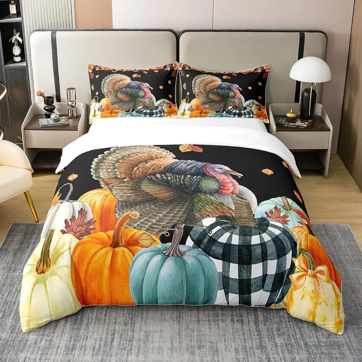 Thanksgiving Bedding Set, Kids Turkey Duvet Cover Full Size Comforter Cover, Fall Maple Bed Sets with 2 Pillowcase Room Decor