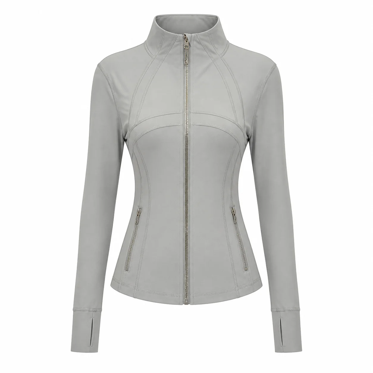 Women's Gray Slim Fit Full Zip Sports Jacket Stand Collar Long Sleeve Running Yoga Workout Outerwear Style P018