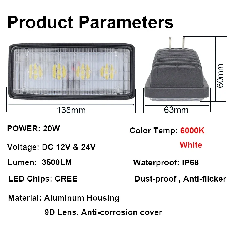 JALN7 LED Light for John Deere Headlight Agricultural Vehicles 20W Tractor Work Lamp Flood Waterproof 1pc