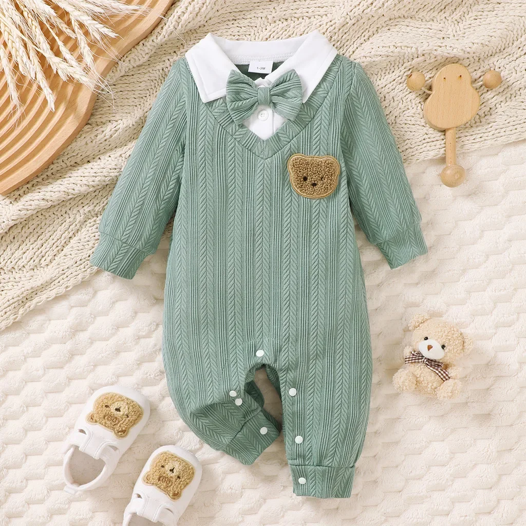 

1-18 Months Newborn Baby Boy Cute Romper Long Sleeved Knit Bear with Tie Bodysuit Birthday Party Infant Boy Gentlemen's Clothing