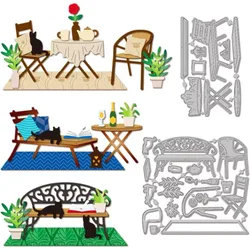 Outdoor Table Chairs Cutting Dies for Card Making Furniture Metal Die Cuts Cat Potted Plant Book Cutting Dies Templates