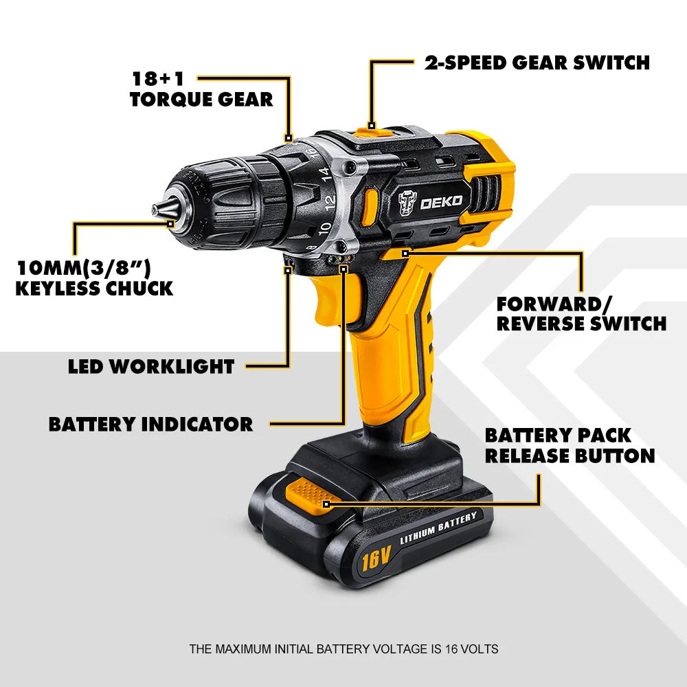 DEKO New Loner 16V LED Cordless Drill Mini Wireless Power Driver with Lithium Battery Pack Electric Screwdriver for Woodworking