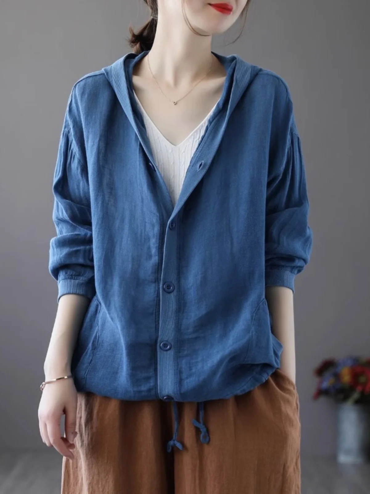 Loose Women's Cotton Linen Hooded Open Cardigan Coat Sun Protection Top Spring Season Pure Color Brand Buckle Casual Style