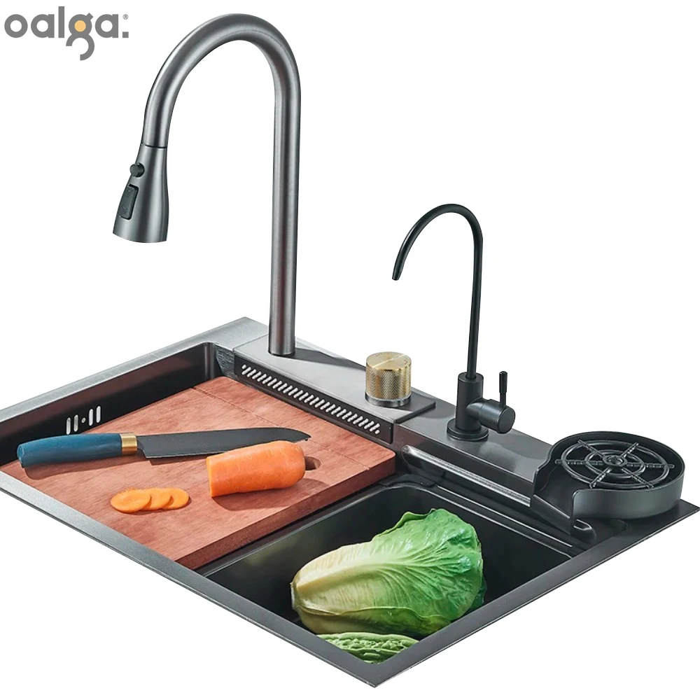 

Kitchen Sinks 304 Stainless Steel Waterfall Kitchen Sink Pull Type Faucet Single Slot High Pressure Cup Washer Все Для Кухни