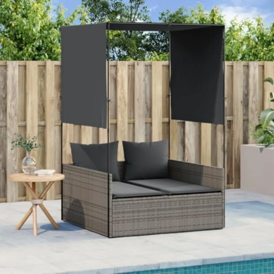 

Double Sun Lounger with Canopy and Curtains, Outdoor Rattan Daybed for Garden Patio, Adjustable Reclining Grey Sofa Bed for Two