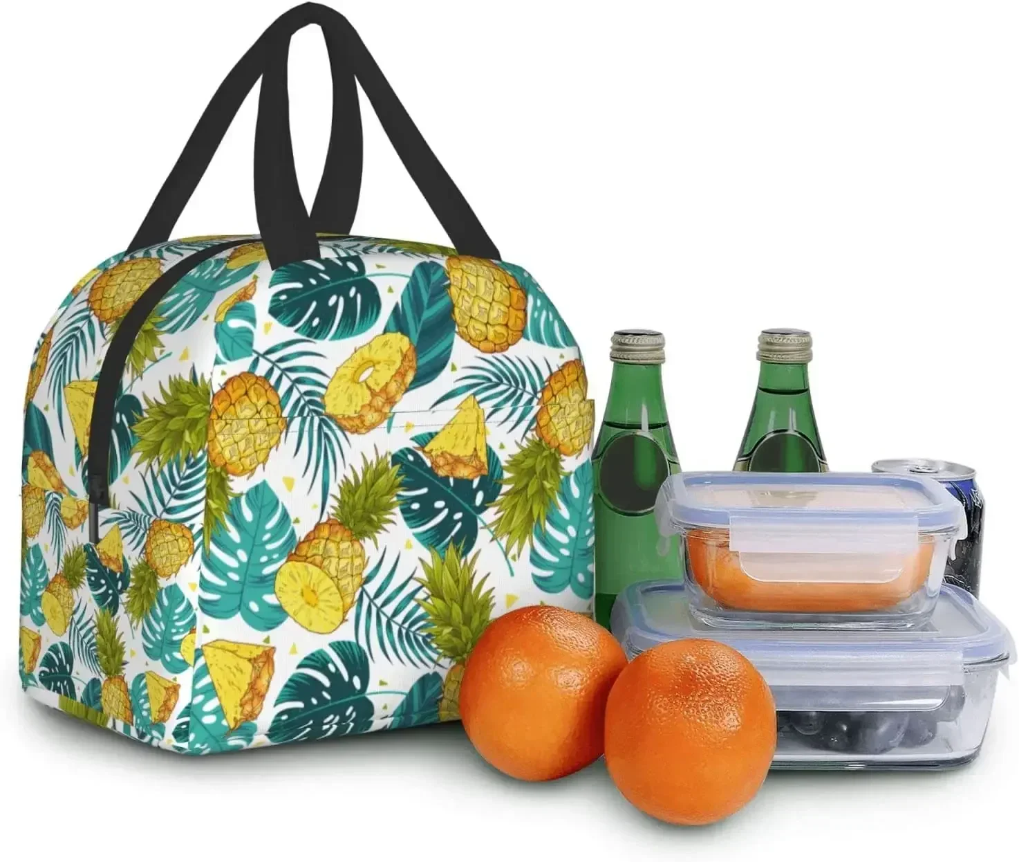 Pineapples Insulated Lunch Bag with Front Pocket Reusable Cooler Tote Bag with Zipper Use for Camping Hiking Picnic Beach Travel