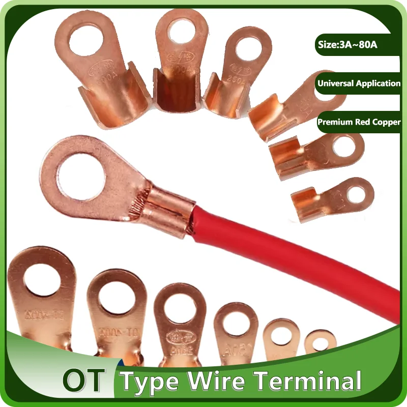 Splice Wire Terminal OT Type 3A 5A 10A 20A 30A 40A 50A 60A 80A Red Copper Bare Nose Lugs Crimp Open Mouth Cable Connector