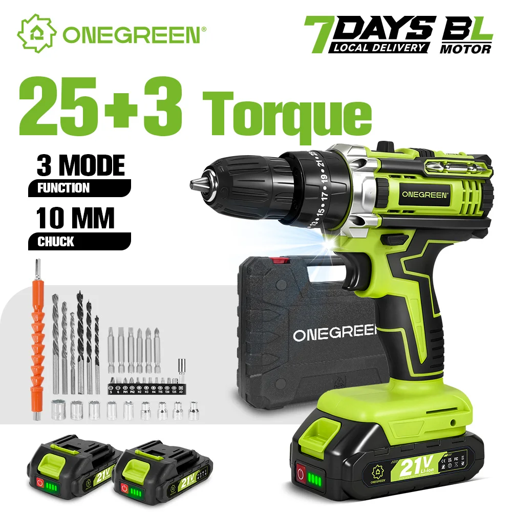 ONEGREEN 25+3 Drehmoment-Elektro-Schlagbohrmaschine, kabellos, 3 Modi, tragbarer Haushalts-Schraubendreher, Elektrowerkzeug für Makita 18V Akku
