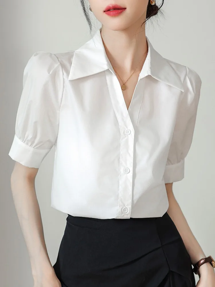 

White Professional Short Sleeve Shirt Women's Summer Workwear Career Interview Outfit Set Korean Style Loose Fit Button Detail