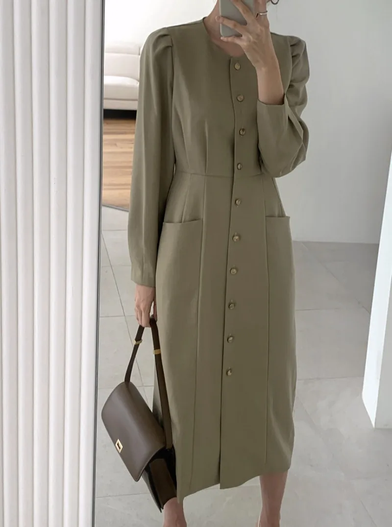 New Korean Fashion Autumn Dress Women Temperament Puff Long Sleeve O-neck Single Breasted Slim Dresses Office Lady Vestidos Robe