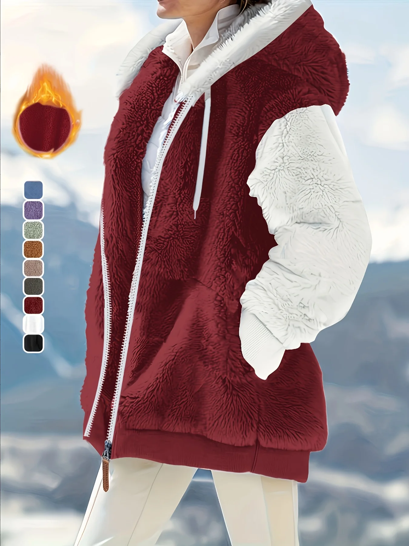 Ladies' Autumn and Winter Casual Plush Color-Block Elegant Hooded Long-Sleeve Zipper Jacket