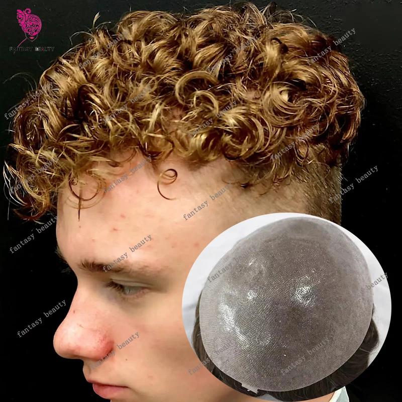 

Необнаружимая натуральная вьющаяся прочная тонкая кожа 22 мм 22р # Реалистичный мужской парик из светлых человеческих волос 0,06 мм, капиллярная пробка из искусственной кожи